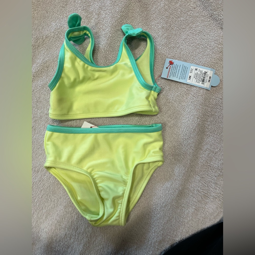Cat & Jack Girl’s Neon Yellow Green Bikini Swim Set 12 Months Bow Design